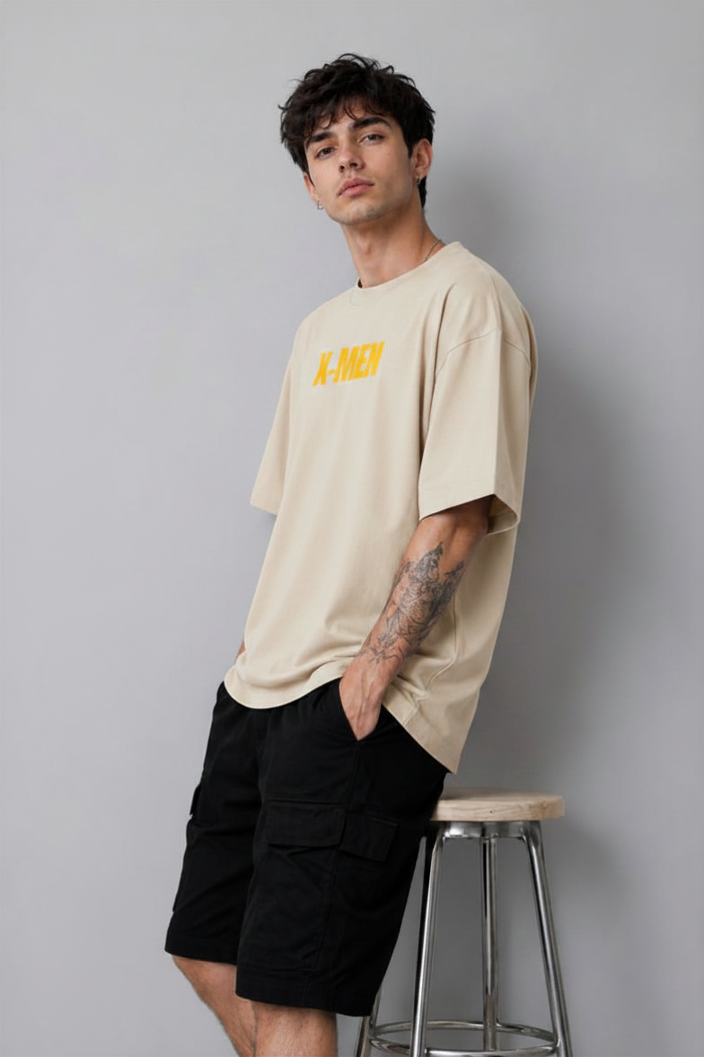 X-Men Oversized T-Shirt for Men | 240 GSM Premium Cotton | Beige Heavyweight Graphic Tee