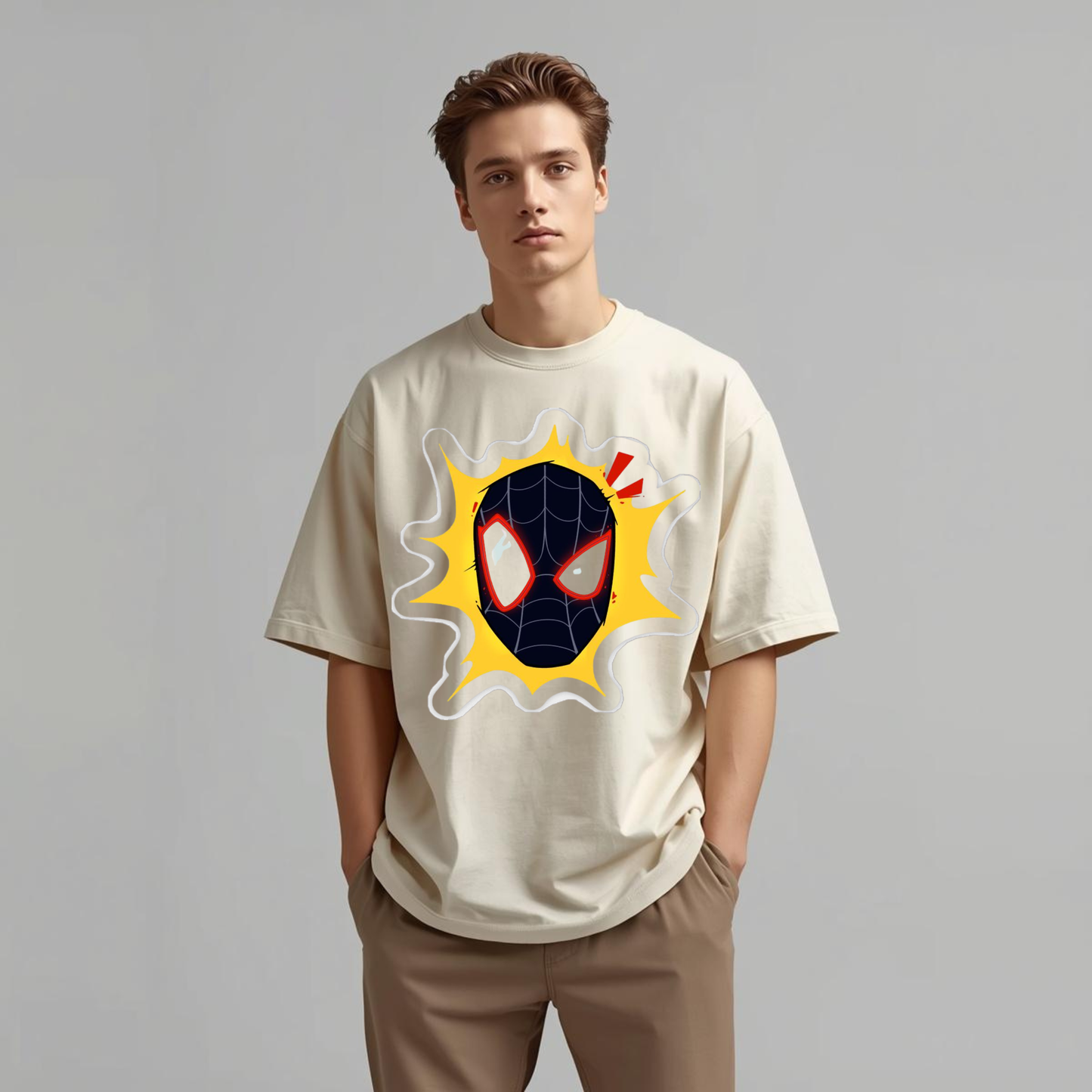 Beige Oversized Graphic T-Shirt – Premium 240 GSM Cotton | Bold Spider Mask Design