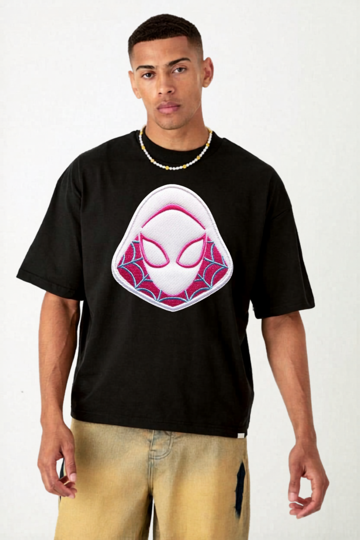 Black Oversized Graphic T-Shirt – Premium 240 GSM Cotton | Neon Spider Mask Design