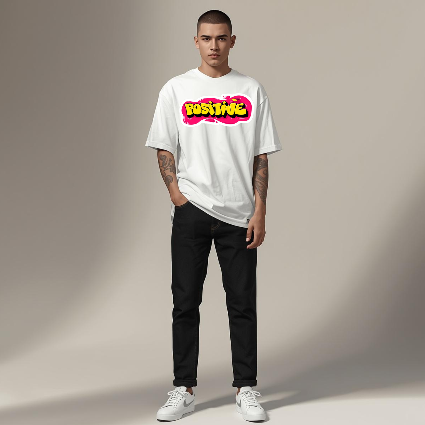 POSITIVE" Graffiti Bubble Graphic Oversized T-Shirt – 240 GSM Heavyweight Premium Cotton