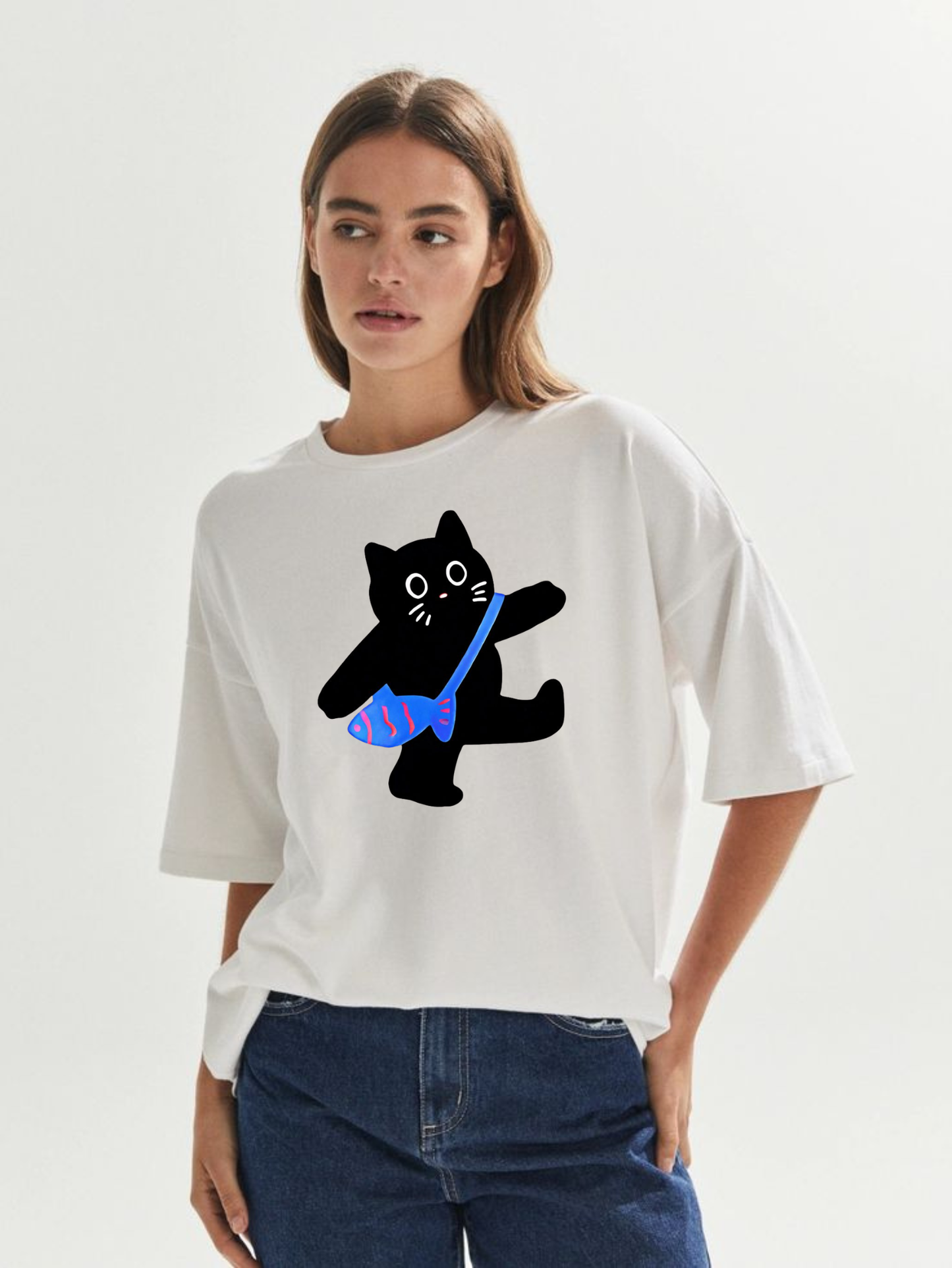 Neko Traveler" Cat & Fish Bag Oversized Tee – 240 GSM Heavyweight Cotton
