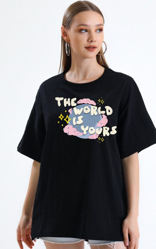 The World Is Yours" Cosmic Aesthetic Oversized T-Shirt – 240 GSM Heavyweight Premium Cotton