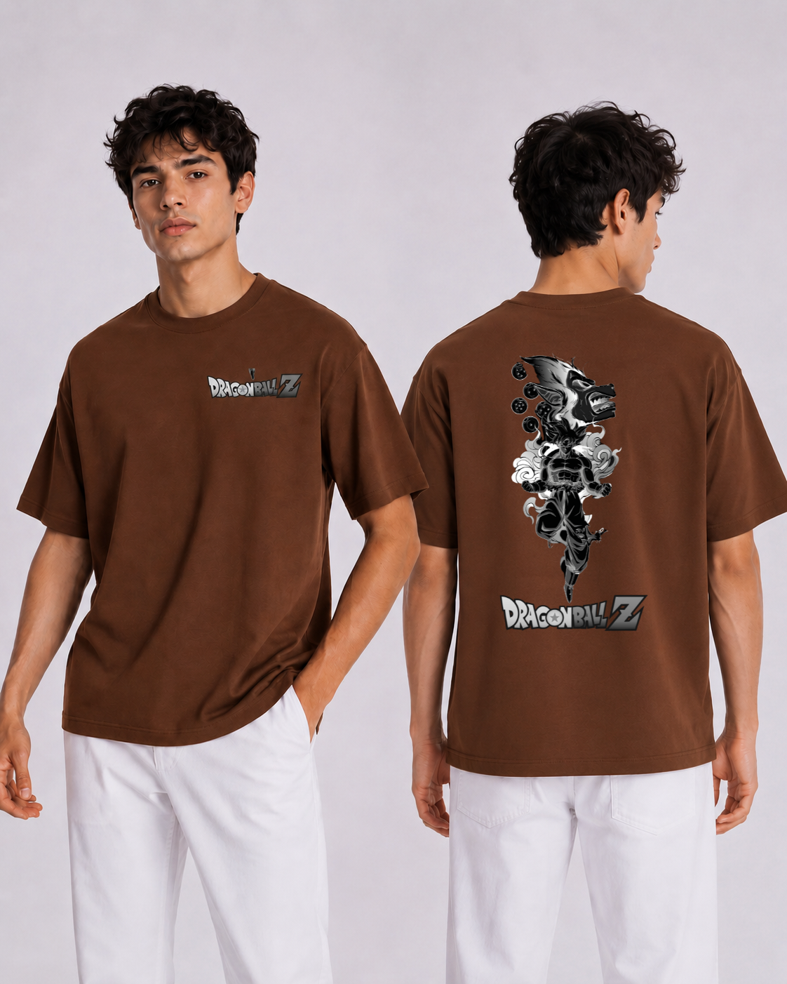 Dragon Ball Z Oversized Brown T-Shirt for Men | 240 GSM Premium Cotton | Anime Back Print | Drop Shoulder Oversized Fit